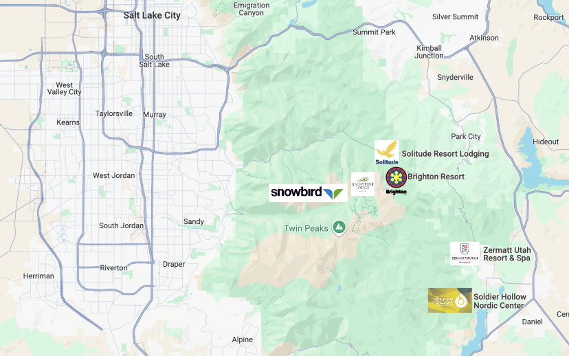 The image is a map of the Salt Lake City region, highlighting nearby ski resorts and recreational areas. The map shows Salt Lake City at the top-left, with major highways and roads leading to various mountain areas. Key ski resorts and lodges, such as Snowbird, Solitude Resort Lodging, and Brighton Resort, are labeled in the mountainous areas east and southeast of the city. Other notable locations include Zermatt Utah Resort & Spa and Soldier Hollow Nordic Center, both positioned near recreational and natural areas. The map also outlines nearby cities like Park City and Summit Park, indicating the proximity of these resorts to urban areas.